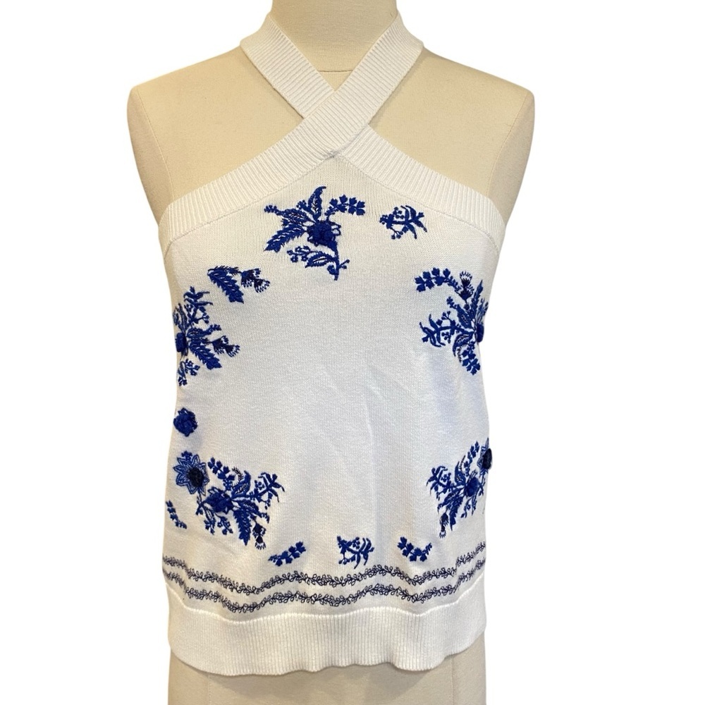 Halterneck Embroidered Floral Knit Top By Loft Made In India - Picture 2 of 7